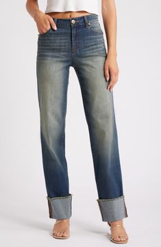 Artistic whiskers and deep sanding create a lived-in aesthetic on stretch-kissed denim jeans shaped with a mid rise and cuffed, straight legs. 32" inseam; 16 1/2" leg opening; 9 1/2" front rise; 15" back rise Zip fly with button closure Five-pocket style 56% cotton, 24% rayon, 19% polyester, 1% spandex Machine wash, tumble dry Imported Raw Hem Straight Leg Jeans, Black Maternity Jeans, Cuffed Jeans, Girlfriend Jeans, Raw Hem Jeans, Maternity Jeans, Straight Leg Denim, Casual Denim, Levis Jeans