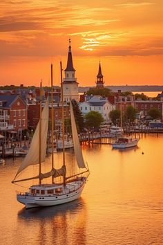 a sailboat sailing in the water at sunset with buildings and spires in the background