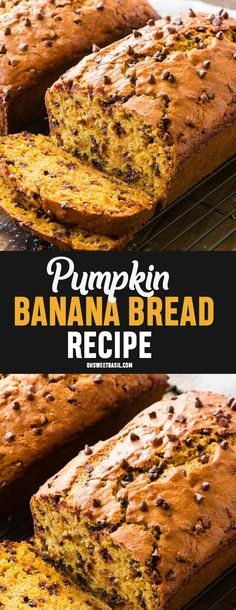 pumpkin banana bread recipe with chocolate chips on top and in the middle, cut into slices