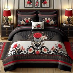 a bed with red and black flowers on it