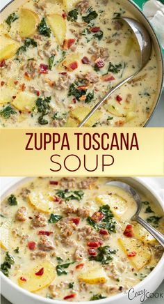 Zuppa Toscana Soup with potatoes, spinach, bacon bits, and ground sausage Top Soup Recipes, Copycat Olive Garden Zuppa Toscana, Copycat Olive Garden Zuppa, Soup For Sick, Olive Garden Zuppa Toscana Soup, Broth Benefits, Dutch Oven Soup, Olive Garden Zuppa, Sick Food