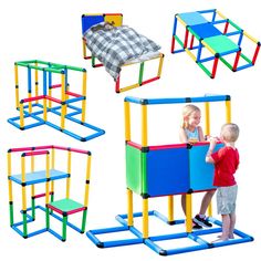 children playing with colorful plastic blocks and toys in different positions, including a toddler's bed