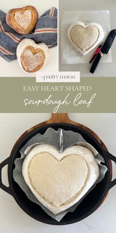 heart shaped sourdough cake in a cast iron skillet with instructions to make it