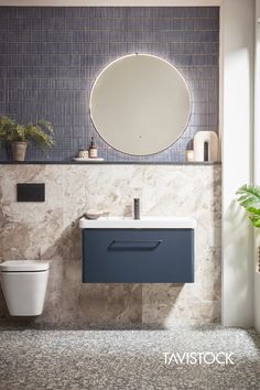 a bathroom with a toilet, sink and mirror in it's corner area next to a potted plant