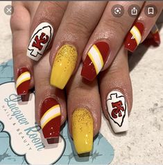 Chiefs Nails Design Kansas City, Kansas City Chiefs Acrylic Nails, Super Bowl Nails Chiefs, Kansas City Nails, Red And Yellow Nail Designs, Kansas City Chiefs Nails Designs, Chief Nails