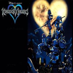 kingdom hearts is shown in front of a full moon with two knights on top of it