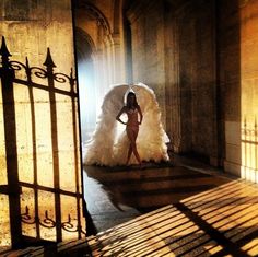 a woman is standing in front of an iron gate with her shadow on the ground