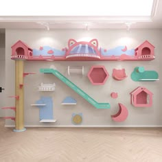 there is a pink shelf on the wall with many different things in it and some shelves