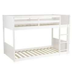 a white bunk bed with two ladders on the bottom and one above it's head