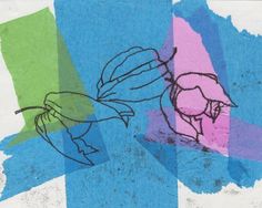 a drawing of two birds on blue, green and pink paper with squares in the background