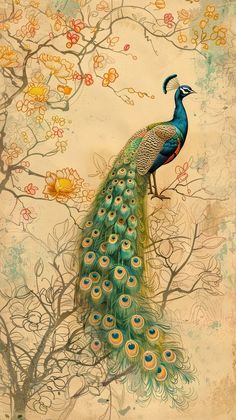 a painting of a peacock standing on top of a tree