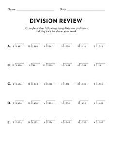 division review worksheet for students with numbers and letters on it, including the word division