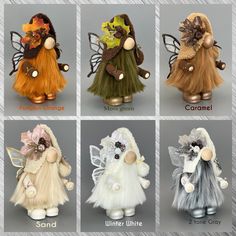 four different types of stuffed animals are shown in this image, each with wings and bows