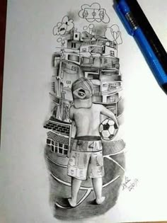 a drawing of a man holding a soccer ball in front of a stack of boxes