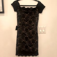 Guess Off Shoulder Scallop Lace Dress: Black. Size: M Double Layered With Nude Underneath New, Never Worn Fitted Black Lace Mini Dress, Black Lace Sheath Dress, Scalloped Lace Dress, Guess Dress, Lace Dress Black, Scalloped Lace, Dress Black, Lace Dress, Black Color