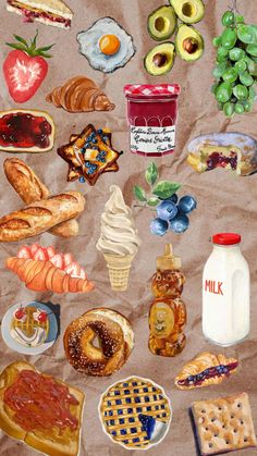 a painting of different foods and drinks on a piece of paper