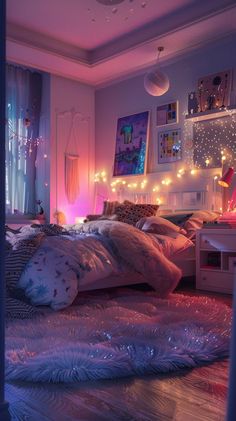 a bed room with a neatly made bed and lots of lights