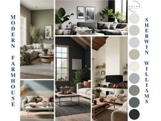 a collage of living room and dining room furniture in shades of gray, white, and beige