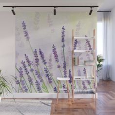 lavender flowers on white wall mural in living room