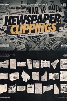 newspaper clippings are displayed on a black background