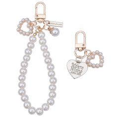 two bracelets with pearls and charms on each side, one has a heart charm