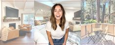 a woman standing in front of a living room filled with furniture and an open floor plan