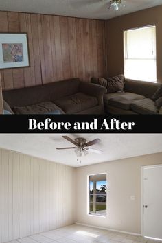 before and after photos of a living room with wood paneling on the walls, white tile floors and a ceiling fan