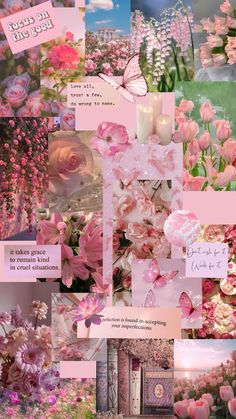 a collage of pink flowers and pictures with words on them that say,'i love