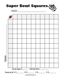 a printable super bowl squares sheet with the words team and footballs on it