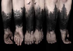 four different tattoos on the legs of people with trees and birds above them, all in black and white