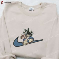 Swoosh x Goku Kameha Anime Hoodie: Dragon Ball Embroidered Shirt Cool Clothing Goku And Chichi, Nike Design, Embroidered Shirts, Balls Shirt, Custom Nike, Goku Black, Embroidered Tee, Custom Nikes, Anime Hoodie