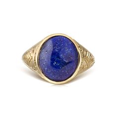 A beautiful signet ring with carvings on the sides made by hand and a cabochon lapis lazulis gemstone in the center. *real images of the ring, taken by us* Lapis Lazuli Stone Size: 14x12mm Material: - Sterling Silver 925 - 9K Gold (375) - 14K Gold (585) - 18K Gold (750) *All signet rings are hallmarked on the back for certification* - We offer FREE Worldwide DHL & FedEx Shipping! - Branded DanelianJewelry Gift Box with each order! Our customer service is available 7 days a week. Leave us your me Classic Lapis Lazuli Ring With Polished Finish, Symbolic Blue Engraved Jewelry, Blue Lapis Lazuli Signet Ring With Gemstone, Blue Oval Signet Ring Stamped 14k, Blue Lapis Lazuli Gemstone Signet Ring, Blue 14k Stamped Oval Signet Ring, Classic Lapis Lazuli Jewelry Ring, Classic Blue Oval Cabochon Signet Ring, Carved 14k Gold Signet Ring As Gift