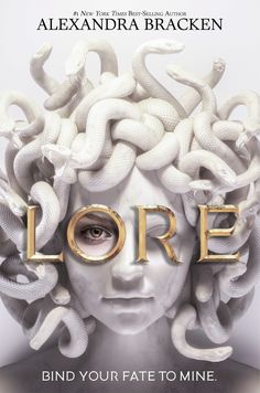 a woman with white hair and snakes on her head, in front of the words lore