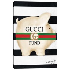 a piggy bank with the word gucci fund painted on it's side