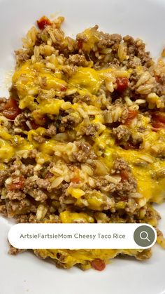 cheesy taco rice, cheesy beef mexican rice, cheesy taco rice skillet, cheesy taco rice one pot, beef and cheese mexican rice Rice A Roni Taco Casserole, Cheesy Taco Rice Casserole, Crockpot Taco Rice Casserole, Taco Rice Crockpot, Cheesy Taco Rice One Pot, Taco Rice With Queso, Kid Friendly Casserole Recipes, Taco Salad With Doritos, Salad With Doritos