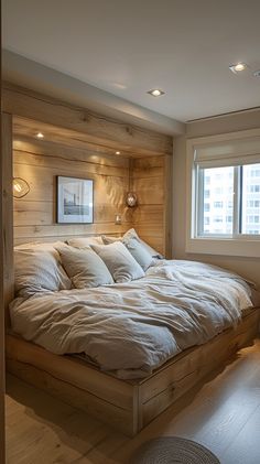 a bed sitting in the middle of a bedroom next to a window