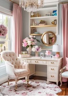 a room with a desk, chair and chandelier