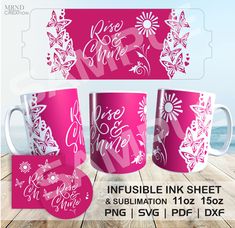 pink coffee mugs with white flowers and the words love is in the air on them