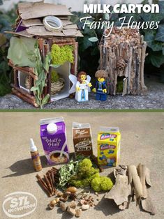 two pictures with the words milk carton fairy houses in front of them and an image of