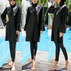 Find ideas๏ฟฝand inspiration for 3PCS Swimwear Muslim Women Modest Full Cover Hjiab Bathing Burkini Swimsuit Arab, Women's Swimwear Stretch Abaya With Long Sleeves, Burkini Swimsuit, Women Swimsuit, Cover Beachwear, Shopping Ideas, Women's Swimwear, Muslim Women, Women Swimsuits, Womens Swimwear