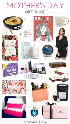 the mother's day gift guide is shown with pink flowers and gifts for her