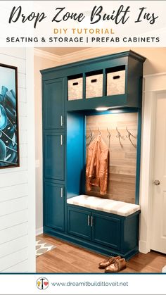 a large blue cabinet with some clothes hanging on it