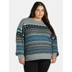 Warm up your cool weather look with this super-cute Women's Plus Size Pullover Fair Isle Sweater from Time and Tru. This easy-fitting sweater in crafted in a soft and fluffy yarn fabric that destined to be your new favorite for your cold-weather closet on those casual days. The classic crewneck styling gets an update with the relaxed silhouette and attention-getting Geo prints. Worn alone or as a comfy layer, it pairs perfectly with your favorite leggings or pair of jeans to complete this cozy l Fair Isle Pullover, Fluffy Yarn, Favorite Leggings, Plus Size Pullover, Fair Isle Sweater, Plus Size Sweaters, Cute Woman, Fair Isle, Pullover Sweater