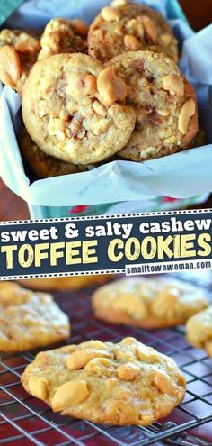 sweet and salty cashew toffee cookies on a cooling rack with text overlay