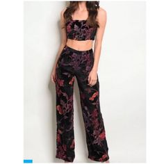 Dark Enchanting Floral Two Piece Set! Black Spring Sets With Straight Pants, Black Straight Pants Set For Spring, Chic Black Floral Print Pants, Fitted High Waist Floral Print Wide Leg Pants, High Waist Floral Print Pants For Party, High Waist Pants With Floral Print For Parties, Party Floral Print Wide Leg Pants, Casual Floral Print Bottoms For Party, Floral Two Piece