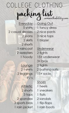 the college clothing packing list is shown