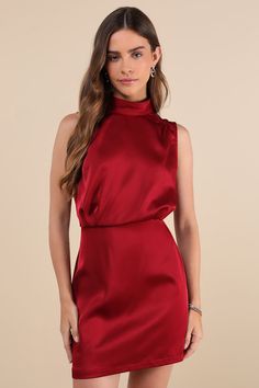 Classic Elegance Wine Red Satin Sleeveless Mock Neck Mini Dress Fabric Detailing, Gathered Fabric, Red Satin Dress, Sleeveless Mock Neck, Mock Neck Mini Dress, Mock Neck Dress, Mock Neckline, Red Satin, Large Size Dresses