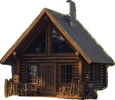 an image of a log cabin with porches and rocking chairs