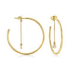 Ross-Simons - 14kt Yellow Gold Hoop, Drop Earrings, Diamond Accents. 1 1/8". Ever the innovative style, these 14kt yellow gold hoop earrings are centered by sleek linear bars with diamond-accented drops. Hanging length is 1 1/8". Post/clutch, 14kt yellow gold hoop and drop earrings. Diamond birthstones are the perfect gift for April birthdays. Elegant Yellow Gold Hoop Earrings With Diamond Accents, Dangle Yellow Gold Diamond Hoop Earrings, Gold Plated Diamond Accents Hoop Earrings, Luxury Yellow Gold Hoop Earrings With Diamond Accents, Drop Earrings Diamond, Yellow Gold Hoop Earrings With Gold-tone Hardware, Hoop Drop Earrings, April Birthday, Shiny Objects