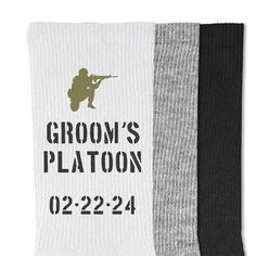 two pairs of socks with the words groom's platoon printed on each one side